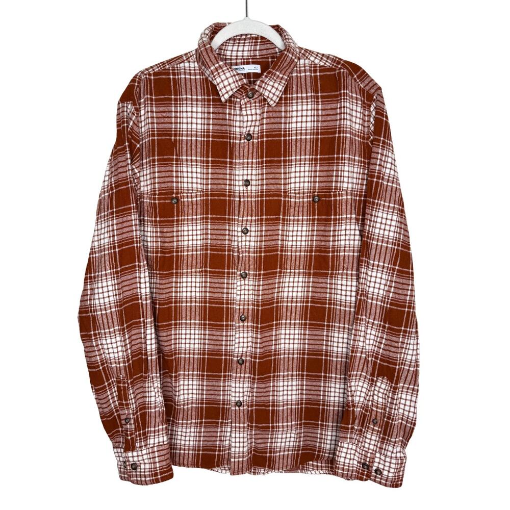 Sonoma Long Sleeve Button Down Plaid Flannel Top Size XLT Burnt Orange Men's